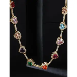 Multicolor Heart Zircon Tennis Necklace, 14K Gold Plated Rainbow Crystal Statement Choker, Elegant Luxurious Jewelry for Women, Heart Shaped Chain Necklace, Gift for Mom & Girlfriend
