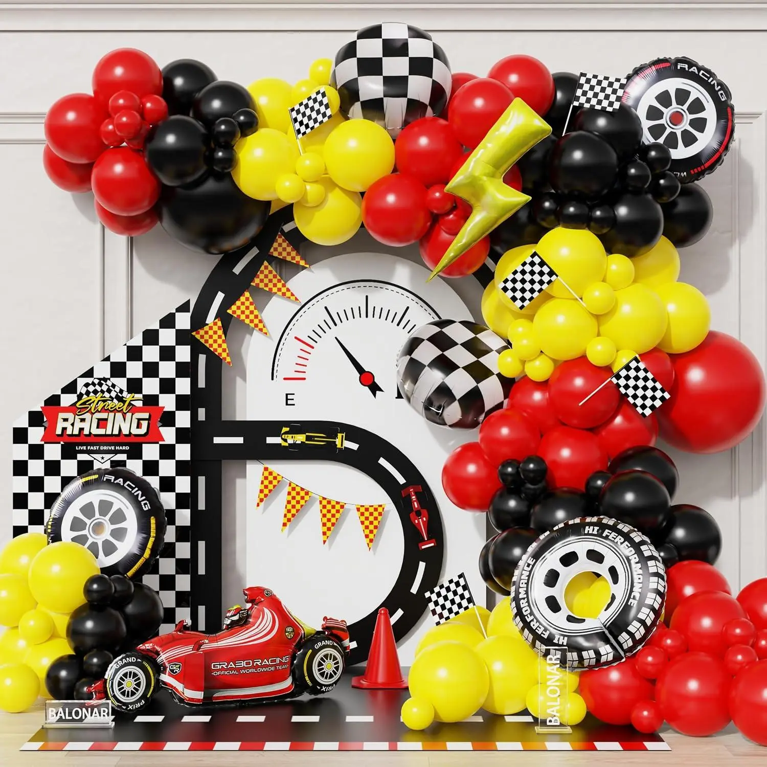 Race Car Balloon Arch Kit 133Pcs Cars Birthday Decorations With Red Black Yellow Balloons Wheel Tire Balloons Trophy & Racecar Foil Balloons For One Two Fast Birthday Party Decorations