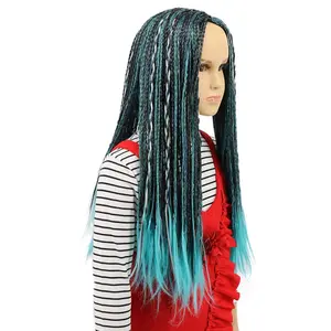L-HDW004   Kids Girls Long Braid Blue and Black Mixed Wig Anime Costume Party Wig