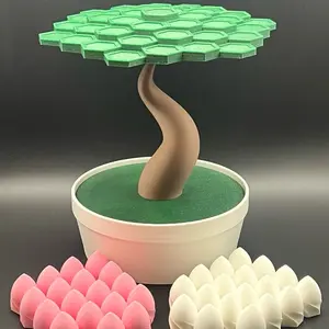 Bonsai Inspired Balance Game - 3D Design with Green Leaf Top and Brown Roots, Includes Pink and White Balls for Play.