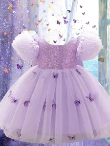 Butterfly Themed Bow Back Mesh Dress, Cute Puff Sleeve Contrast Sequin Tutu Dress for Party, Kids Clothes for All Seasons, Tulle Overlay Dress