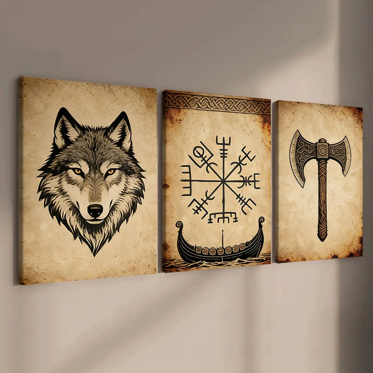 Vintage Viking Elements Canvas Poster with Wooden Frame, Stylish Living Room and Bedroom Decor, Waterproof Art for Modern Homes
