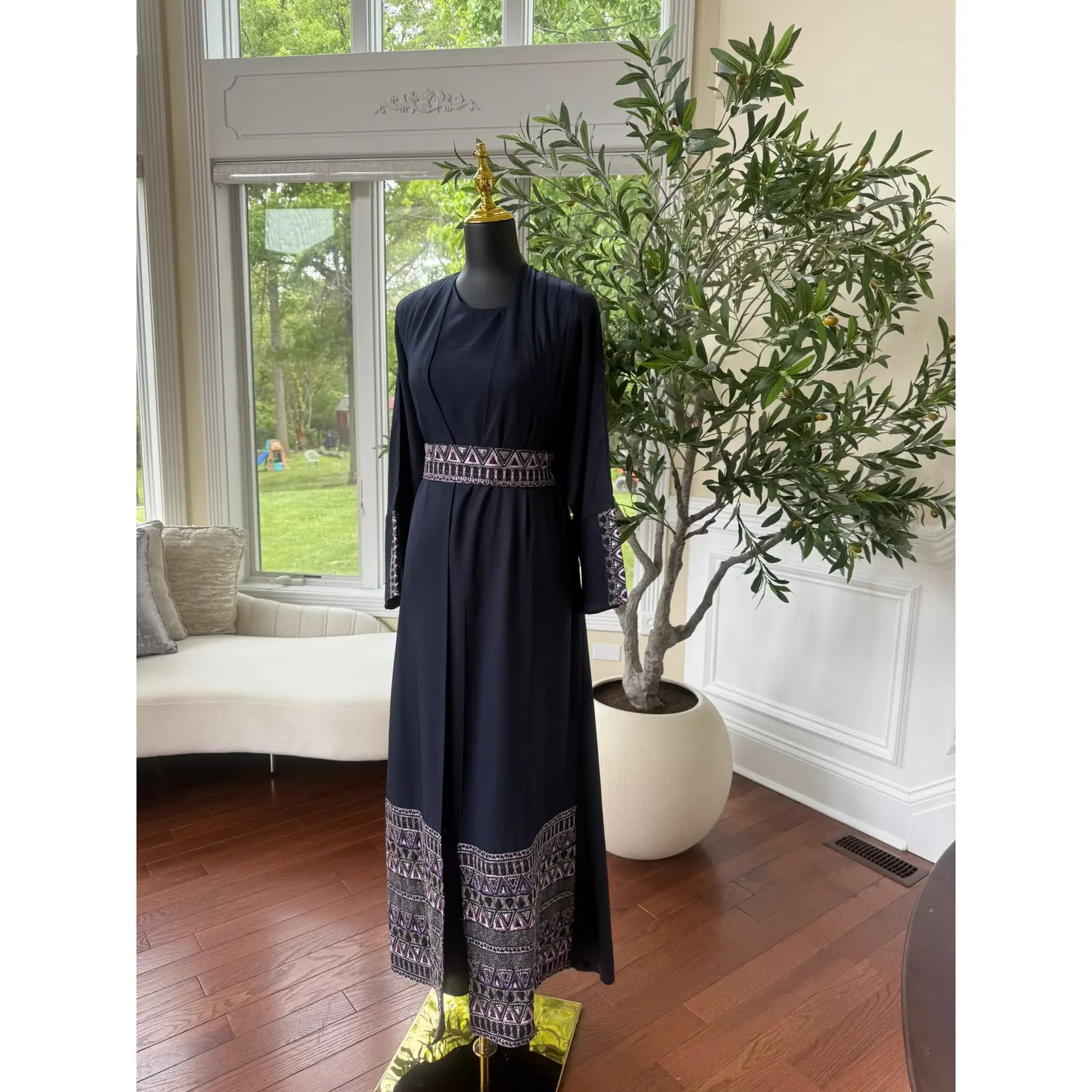 Navy Blue Tatreez Cardigan Abaya