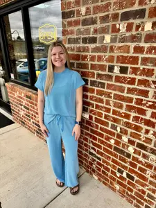 Blue Solid Corded Knit Short Sleeve T Shirt and Wide Leg Pants Set