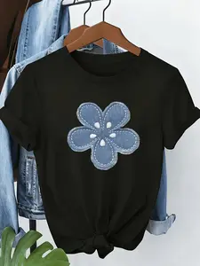 Summer New Ins Trendy Three-Dimensional Denim Flower Decoration T-Shirt, White Background, Fresh Texture, Regular Fit, Comfortable Fabric, Daily Casual Top, Circle, Cute 3D Floral Applique, Stylish Streetwear, Soft Breathable Tee, Fashionable Outfit