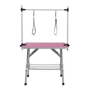 Folding Dog & Cat Grooming Table with Stainless Steel Frame, Rubber Mat, Adjustable Arm and Clamps (Pink Color)
