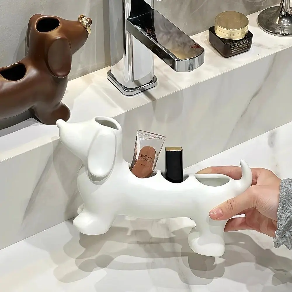 Dachshund Ceramic-ABS Countertop Toothbrush Holder, Waterproof Multi-Section Space-Saving Storage Rack for Electric Toothbrushes & Toothpaste, Bathroom Washstand Decor, Bathroom Sink