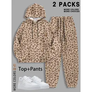 Women's Camo Branch Leopard Print Hoodie Set, Kangaroo Pocket, Fleece Lined, Drawstring, Long Sleeve, Fall & Winter Casual Wear