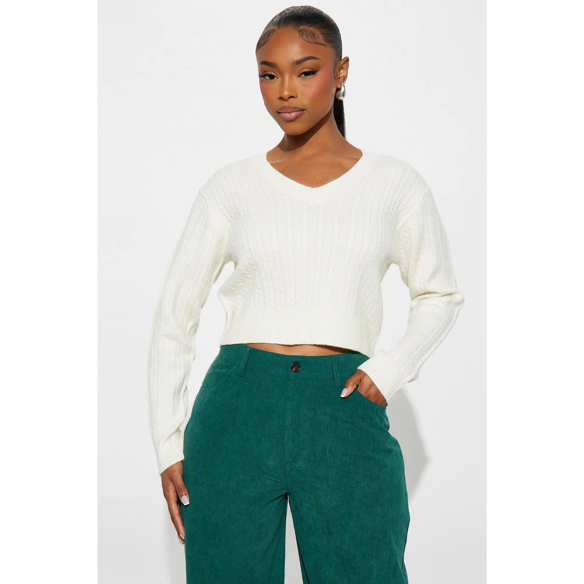 Frosty V Neck Cable Knit Sweater - Ivory