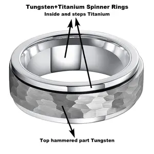 Yonifu Tungsten Carbide Spinner Ring for Men – Hammered Finish with Titanium Inner Band, 8mm Comfort Fit Wedding Band, Durable Scratch Resistant Anxiety Fidget Ring, Modern Minimalist Gift