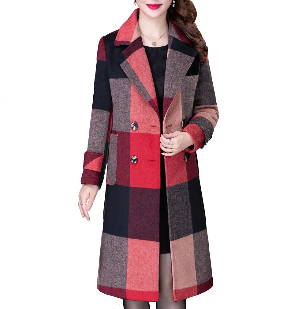 Aprsfn Women’s Fashion Tartan Plaids Elegant Mid-Length Thicken Warm Pea Coat