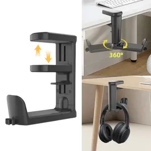 Desktop Headphone Stand, Adjustable & Punch-free Headset Hanger with Cable Clip,Over-ear Design Headset Hook Holder, Headphones Stand with Adjustable & 360° Rotating Arm Clamp Universal Storage Holder for Headphones & Bags