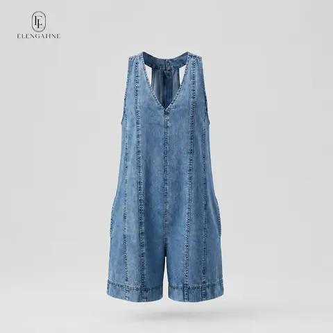 Elengatine Women's Casual Viral V-Neck Sleeveless Denim Romper - Loose-Fit Pocketed Jumpsuit with Flowy A-Line Silhouette, Lightweight Breathable Fabric, Effortless Chic for Spring Summer Vacation, Cold Wash Overalls