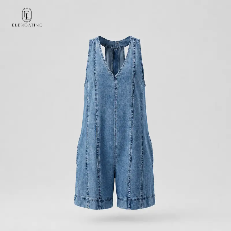 Elengatine Women's Casual Viral V-Neck Sleeveless Denim Romper - Loose-Fit Pocketed Jumpsuit with Flowy A-Line Silhouette, Lightweight Breathable Fabric, Effortless Chic for Spring Summer Vacation, Cold Wash Overalls