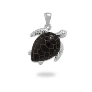 Honu Black Coral Pendant in White Gold - 16mm