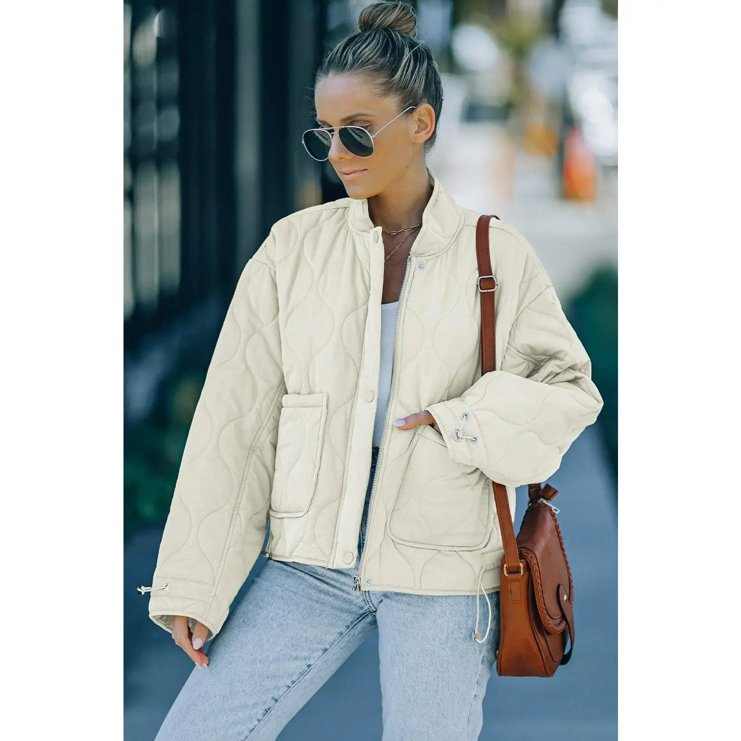 Drawstring Dropped Shoulder Quilted Jacket