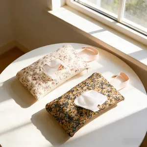 Hanging Floral Wet Wipes Bag - Beige All Over PrintTextured Pattern Lightweight Portable Tissue & DiaperOrganizer for Strollers Travel Friendly Storage Pouch for DailyUse