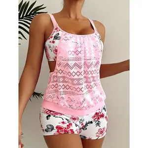 Women's European and American Fashion Tankini Swimsuits Set, Sexy Backless Print Bathing Suit, Cross-Border Hot Sports & Outdoor Beachwear,summervibes,spring glow,mesh top