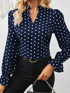 French retro polka dot V-neck shirt with multiple colors available, ruffled flared sleeve top for workplace commuting/daily dating temperament shirt