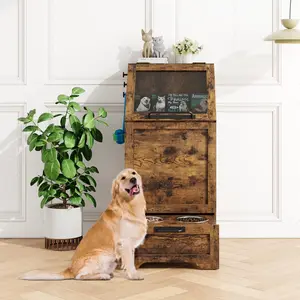 【GARVEE】Dog Feeding Station with 2 Elevated Bowls, Pet Feeding Station,Flip Top Dog Food Storage Cabinet, Food Storage Container,Pet Toy Organizer,Modern Organizer,Brown