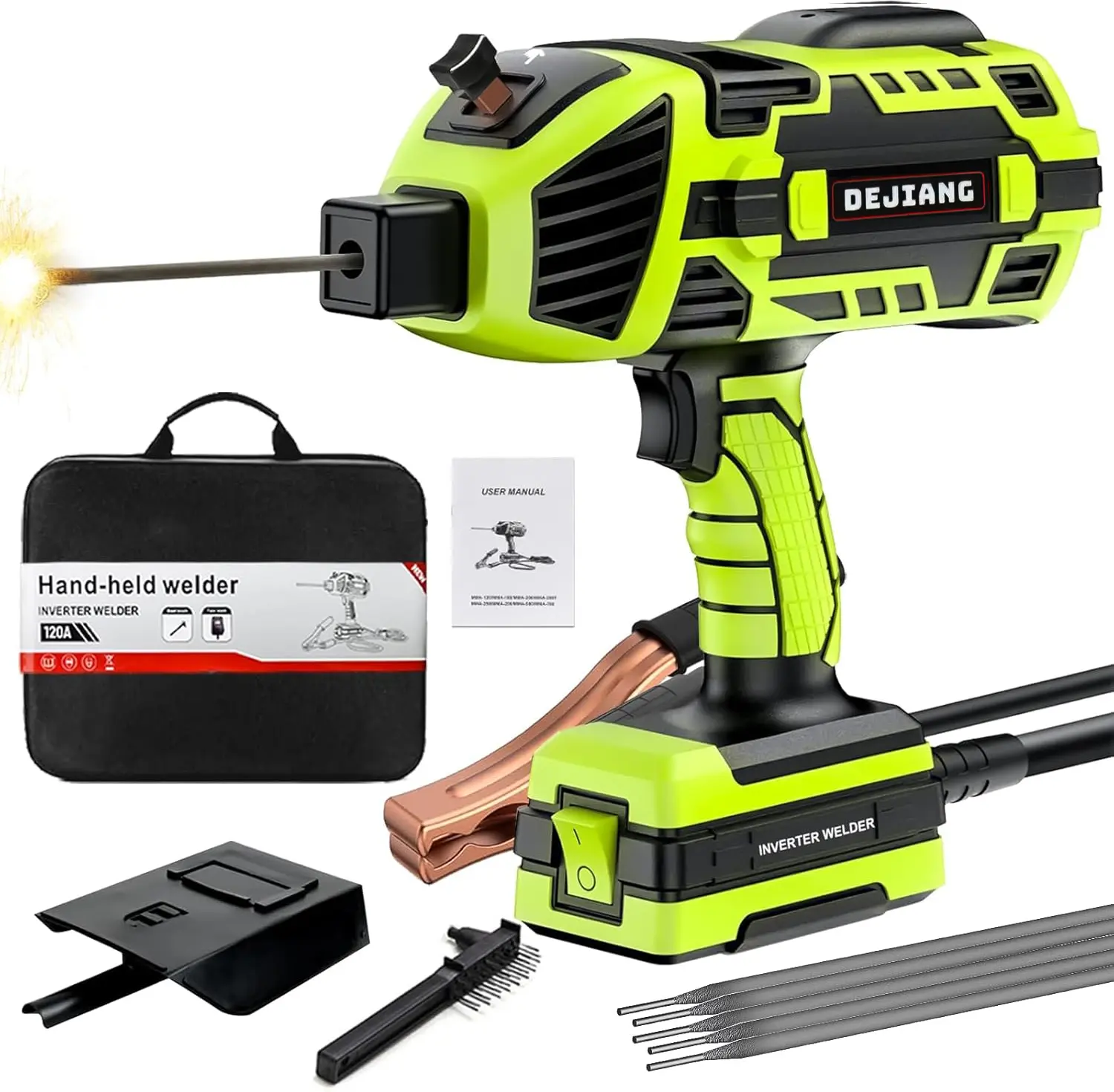Portable 110V welding machine, arc handheld welder with IGBT inverter, stick welder with 5 adjustable current settings (20–120 A) for 3/32″–1/8″ rods; suitable for DIY, professional use, repairs, and gifts.