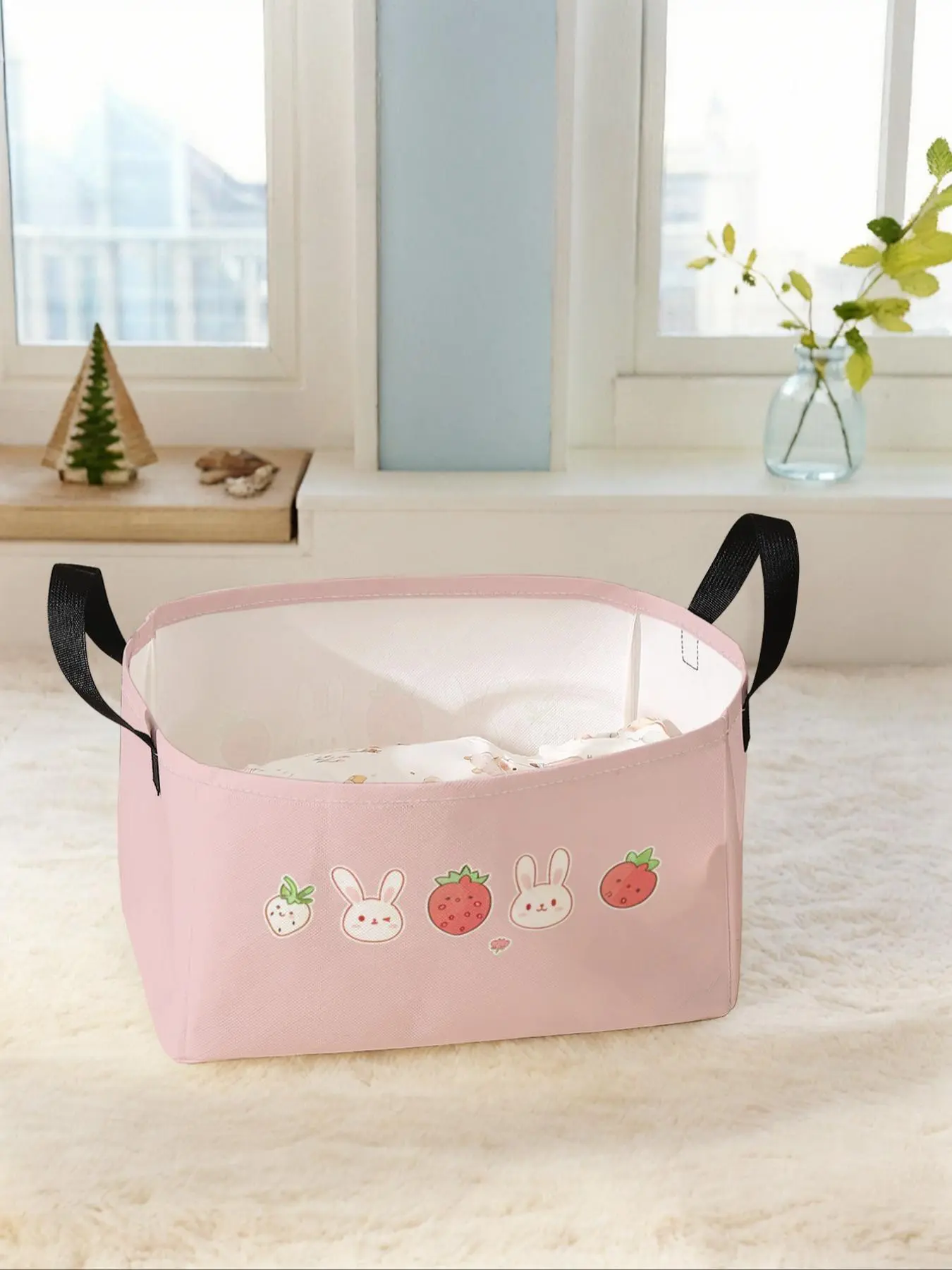 Cartoon Rabbit & Strawberry Pattern Storage Basket with Handle, Multi-functional Storage Basket, Foldable Clothes Storage Basket for Home Living Room Bedroom