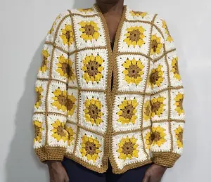 Handmade Granny Squared Jacket - Medium Size, Sunflower Pattern, Comfortable Outerwear for Women