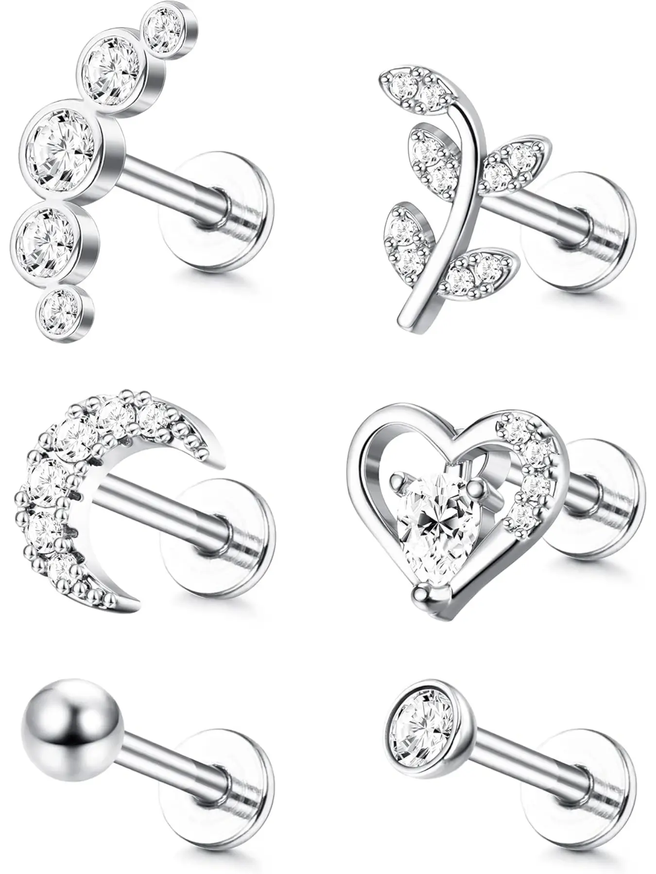 6Pcs 16G Cartilage Tragus Stud Earrings For Women Men Internally Threaded CZ Moon Heart Leaf Helix Conch Labret Monroe Ear Piercing Jewelry