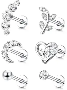 6pcs 16g Cartilage Tragus Stud Earrings for Women Men, Internally Threaded Cz Moon Heart Leaf Design, Casual Ear Piercing Jewelry