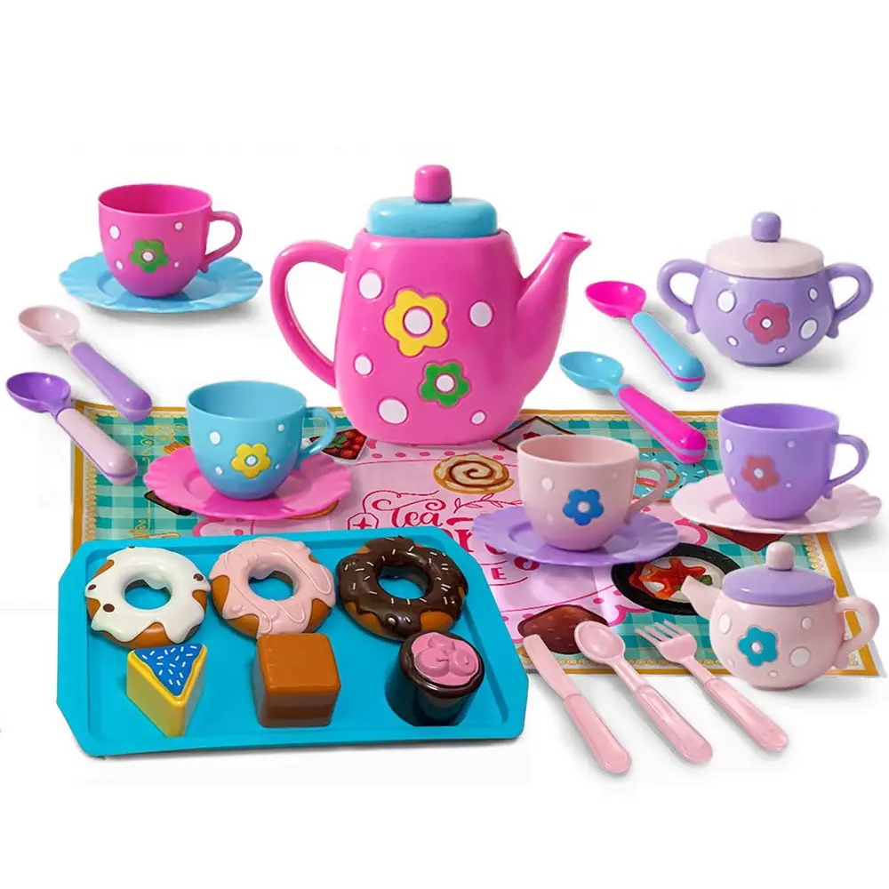 Tea Party Set for Little Girls, Princess Tea Time Play Kitchen Toy with Teapot & Cups, Birthday & Easter Gift for Kids & Toddlers, Play Kitchen Accessories