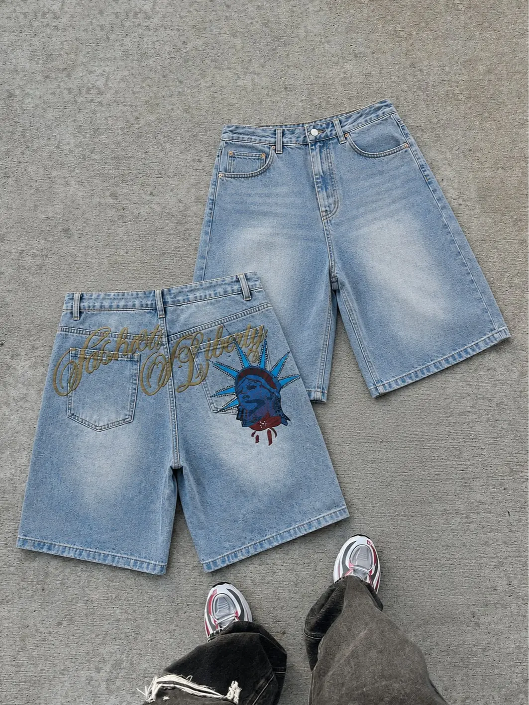 Y2K Streetwear Denim Jorts Men Women Jean Shorts with Back Graphic Embroidery Letter Detail Low Rise Hip Hop Skater Shorts Summer Casual Vintage Washed Knee Length Denim Shorts Festival Outfit TikTok Trend Retro Urban Fit Cool Daily Look Casual Street Fit