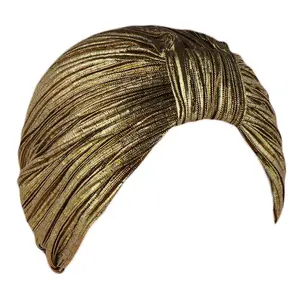 Women Wrinkled Knot Turban Hat Shimmer Metallic Chemo Cap Beanie Headwrap