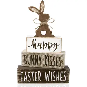 4Pcs Easter Tabletop Decorations Bunny Wooden Block Signs Gift Rustic Tiered Tray Decor Happy Easter Centerpiece Farmhouse Wood Rabbit Table Sign for Kitchen Home Office Party Decor
