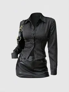 Women's Fashion Button-Up Casual Fitted Collared Slim-Fit Striped Collar Long Sleeve Shirt, Spring & Fall Casual Wear, Stylish Women's Blouse