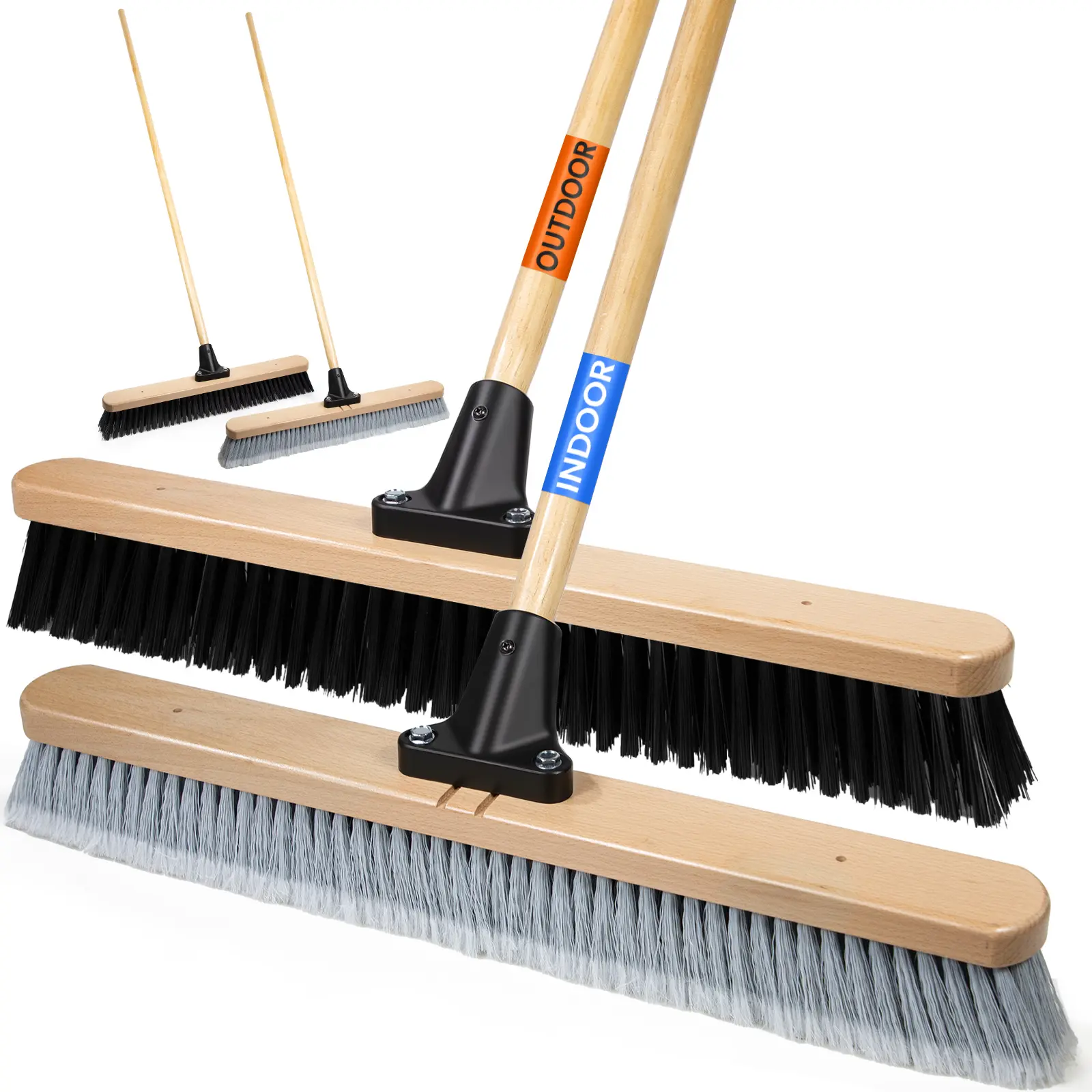 2-Pack 24" Push Brooms for Indoor & Outdoor Use, Soft and Stiff Bristle Broom Set, Heavy-Duty Sweeping Brooms with 61" Wood Handle for Home, Shop, Garage