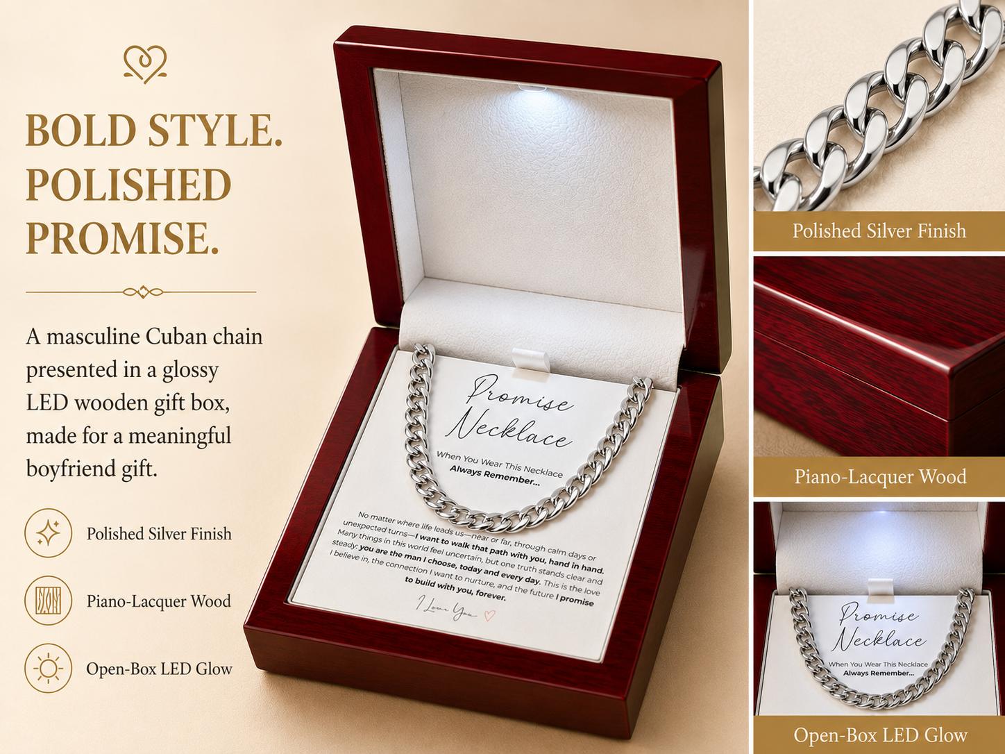 Veyla Promise Necklace for Boyfriend - Waterproof Non-Tarnish Stainless Steel Cuban Link Chain, Mens Non-Tarnish Jewelry Accessory, Love & Commitment Symbol with LED Wooden Box, Gifts For Boyfriend