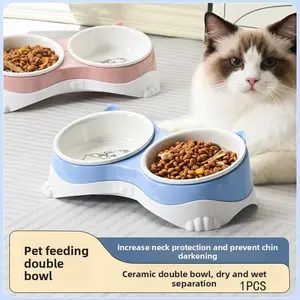 Pet Dual Bowl, Cartoon Print Ceramic Bowls, Small Dog Neck Protection Food Dish, Cat Bowl Not Easy to Tip Over, Pet Accessories
