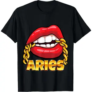 Juicy Lips Gold Chain Aries Zodiac Sign T-Shirt
