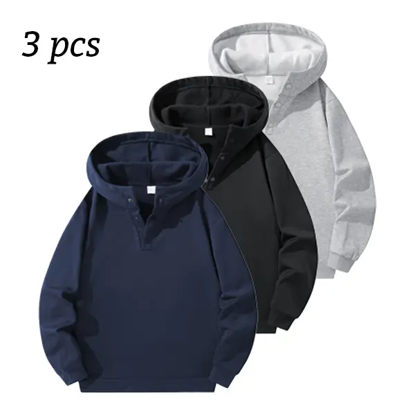 Men's 3-Piece Half-Button Hoodie Set, /Black/ Casual Oversized Pullover Sweatshirts, wardrobe staple, trendy style, essential piece, everyday wear, must have item, wardrobe essential, must have piece, everyday favorite