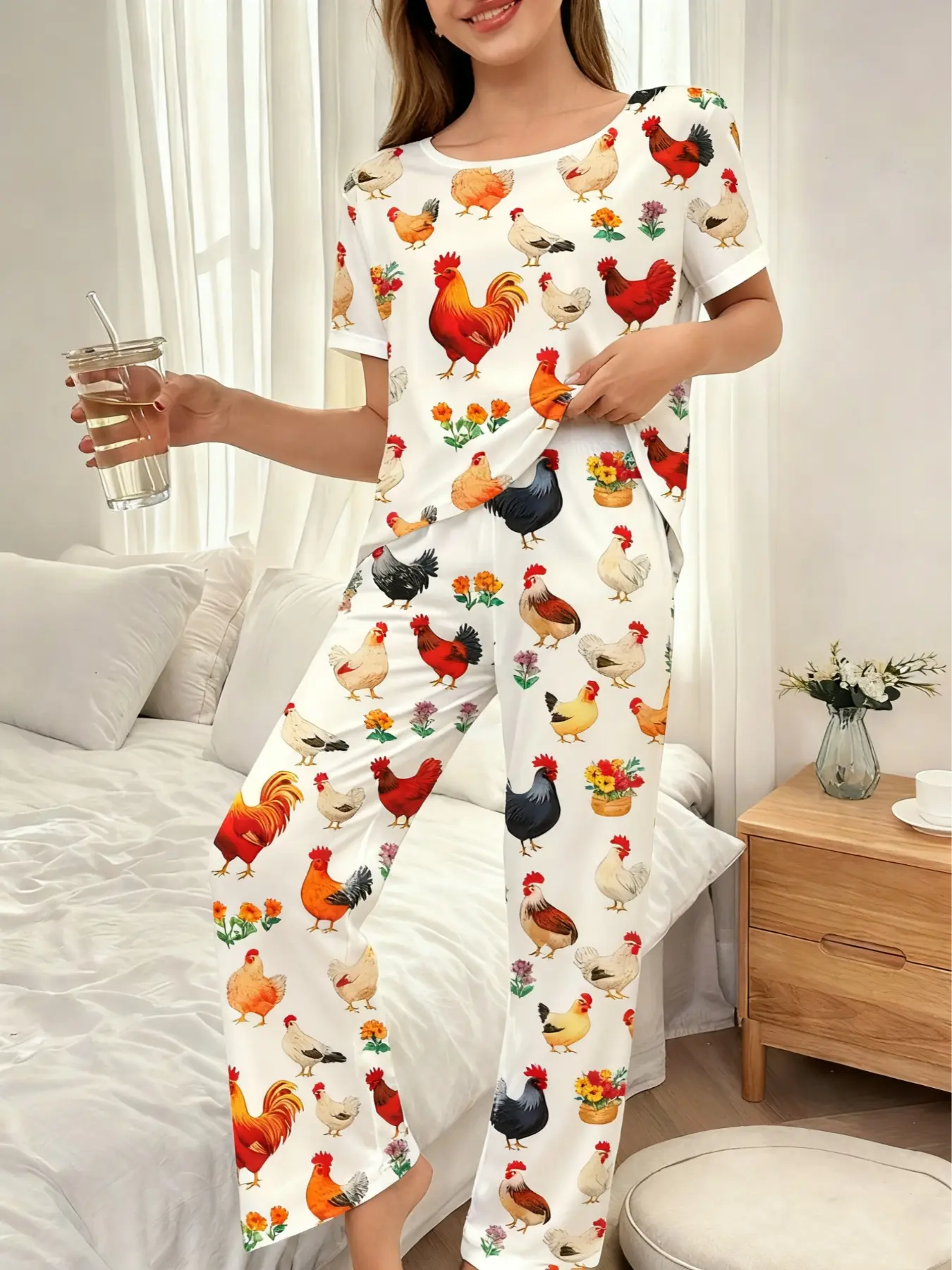 Women's Cartoon Rooster Print Sleepwear Set Loungewear, Casual Fitted Short Sleeve & Long Pants, Fall Winter Pajamas, 2 Piece Suit