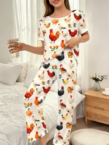 Women's Cartoon Rooster Print Sleepwear Set Loungewear, Casual Fitted Short Sleeve & Long Pants, Fall Winter Pajamas, 2 Piece Suit