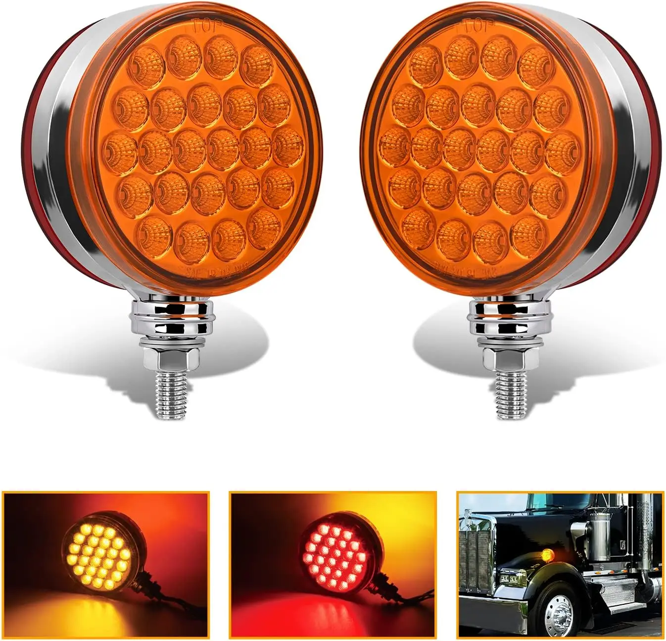 Nilight 2PCS Heavy Duty Round Double-Face Stud-Mount Fender Pedestal Lights with ABS Studs, 48x 2835 LEDs 12V DC 3-Wire High Brightness Amber & Red Brake/Turn Markers for Mack, Kenworth Tractors, Freightliner Trucks