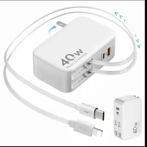 Four-in-One Retractable GaN Wall Charger Plug for iPhone 17 USB C, Travel Essentials Multiport Brick, 3ft Lightning + Type C Cables, 40W Fast Charging Foldable Block for iPhone 17 Pro / 16 / 15 / 14 / 13, iPad, Galaxy