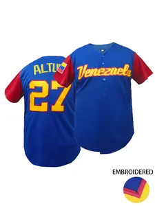 "Venezuela 27" Men's Letter & Figure Patched Button Front Baseball Jersey,Casual Loose Short Sleeve V-Neck Baseball Top for Fall & Winter, Basebal Christmas Gifts, Men's Sportswear for Training & Competition, Workout Tops Sports Clothing