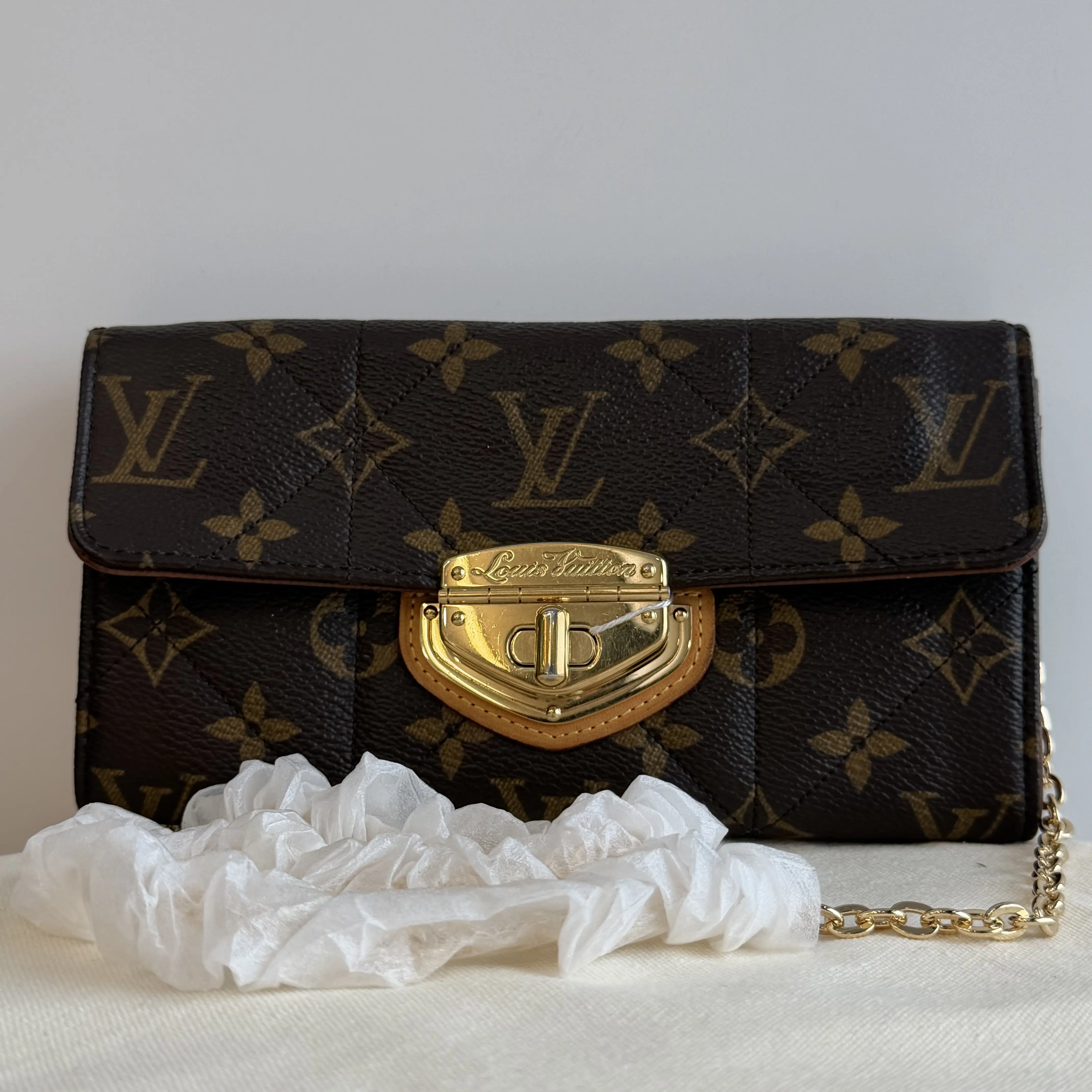 Pre-owned Louis Vuitton Diamond Quilted Monogram Canvas Chain Wallet, Gold Turn Lock