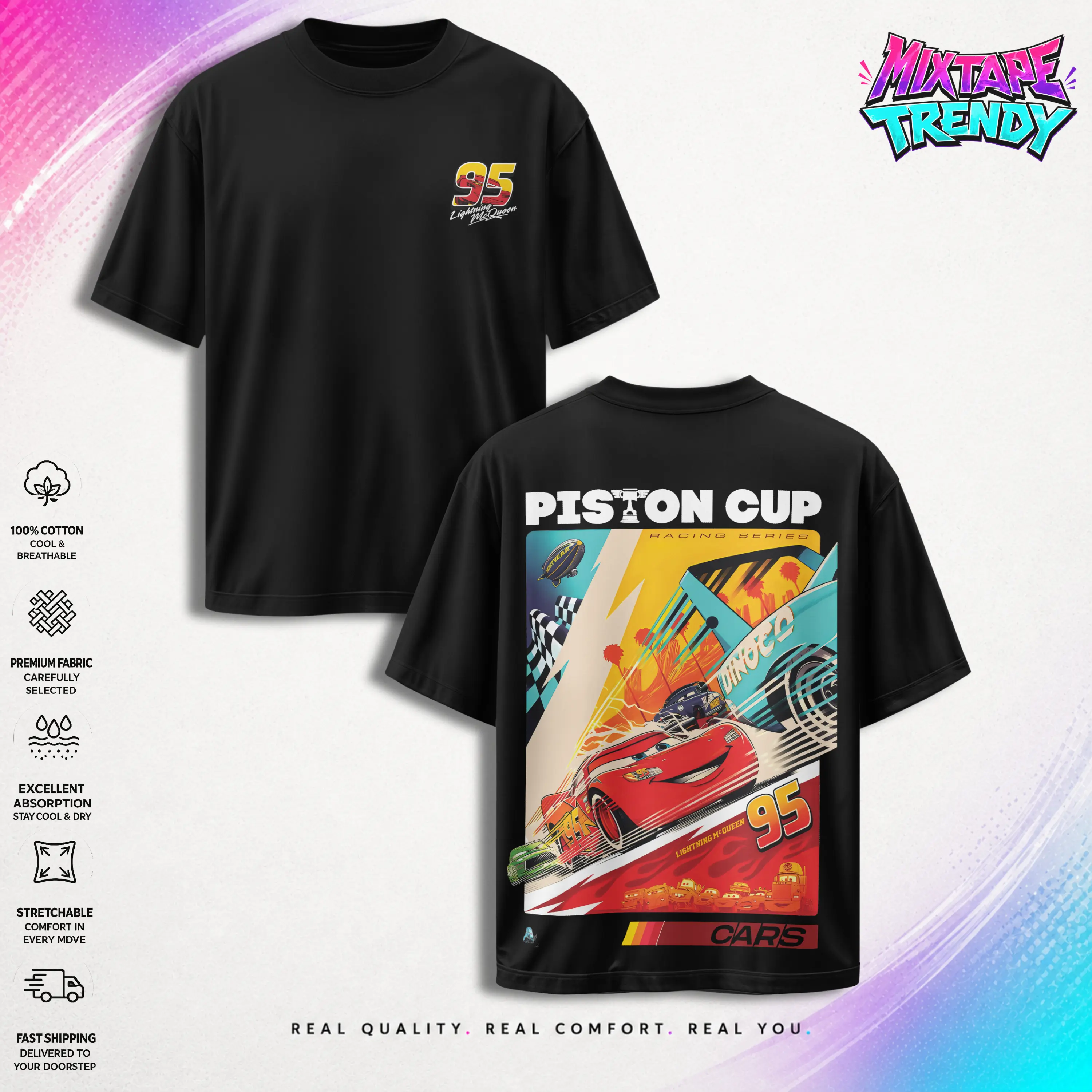 Retro   Double-Sided   Cars Movie   Graphic   T-Shirt - McQueen and Mater Piston Cup Vintage, Top Trendy Y2K Classic Streetwear Unisex Racing Style Gift for Fans