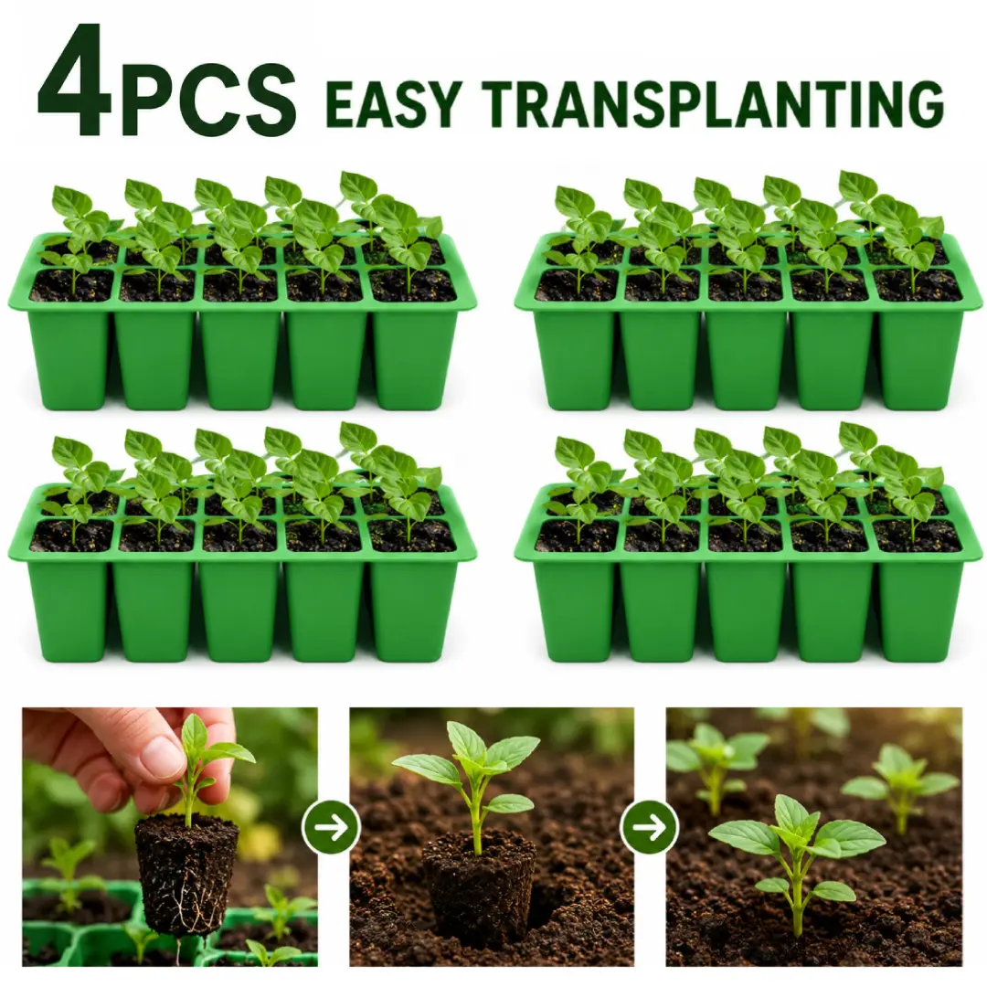 Set of 4 Reusable Silicone Seed Starter Tray 12 Cells | Durable Seedling Germination Kit with Drainage Holes for Indoor Outdoor Gardening | Eco Friendly Plant Pots for Growing Vegetables Flowers Herbs Fruit Saplings | Easy Root Growth Transplanting Green