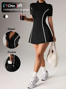 Women's Colorblock Zipper Front Short Sleeve Casual Sport Dress, Slim-Fitting Tennis Skirt with Safety Pants Pocket, Easithlete Design, Tennis Sports Dress, Tennis Athletic Dress