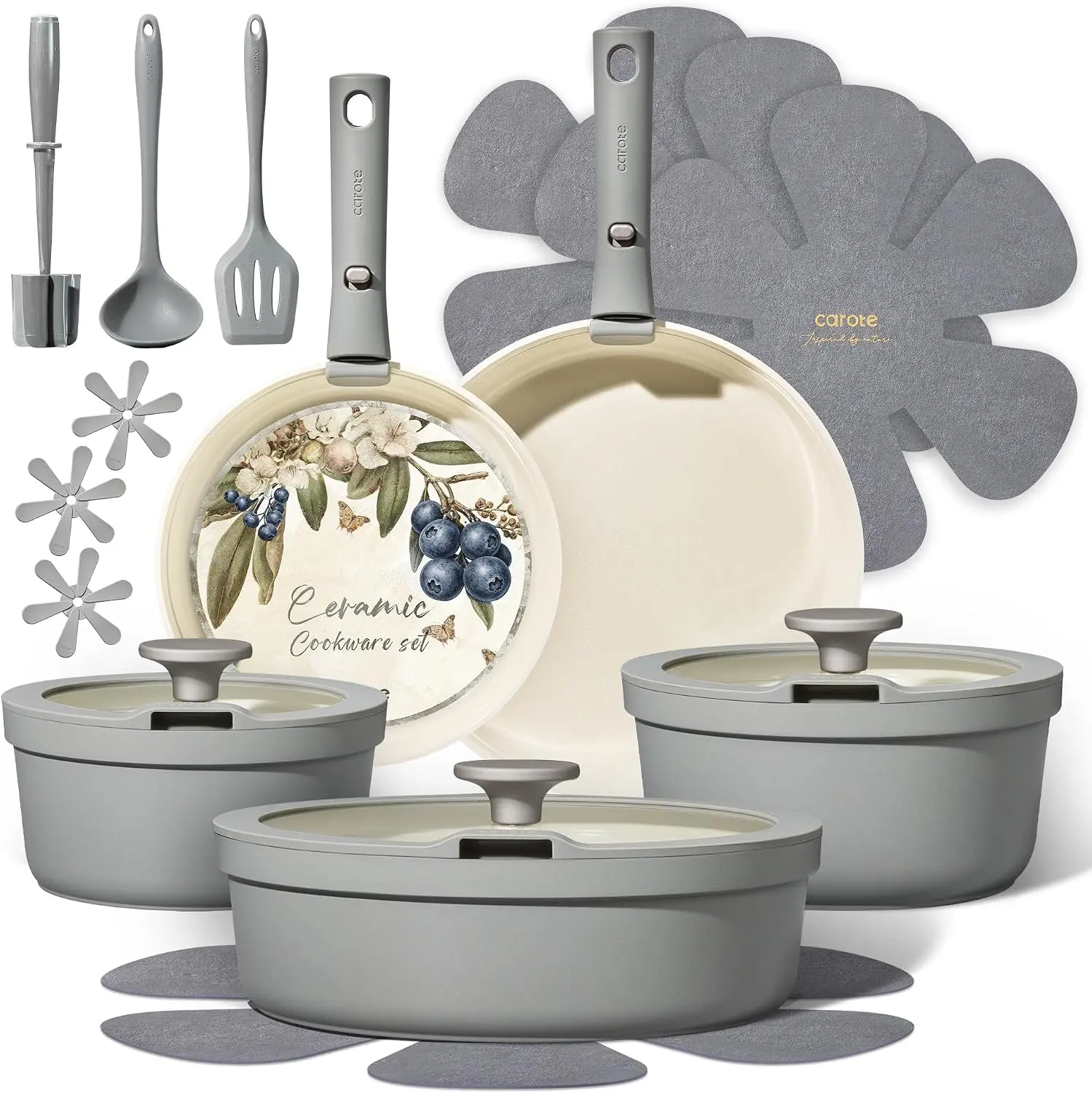 20pcs Ceramic Cookware Set with Detachable Handles, Pots and Pans Set Non Stick, RV Kitchen Cooking Pot and Pan, Dishwasher Safe, Non-toxic Induction Cookware PFAS and PFOA Free, Grey