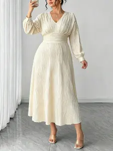 Plus Size Women's Textured Pleated Vertical Stripe Waist Cinch Elastic Chest Pleat Long Sleeve Comfortable A-Line V-Neck Batwing Sleeve Elegant Dress Casual Wear